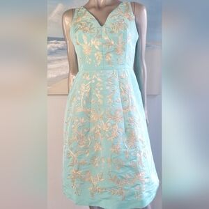 ♧$6,000 OSCAR DE LA RENTA OCEAN GREEN SILK GOLD FLORAL EMBROID RUNWAY DRESS 10